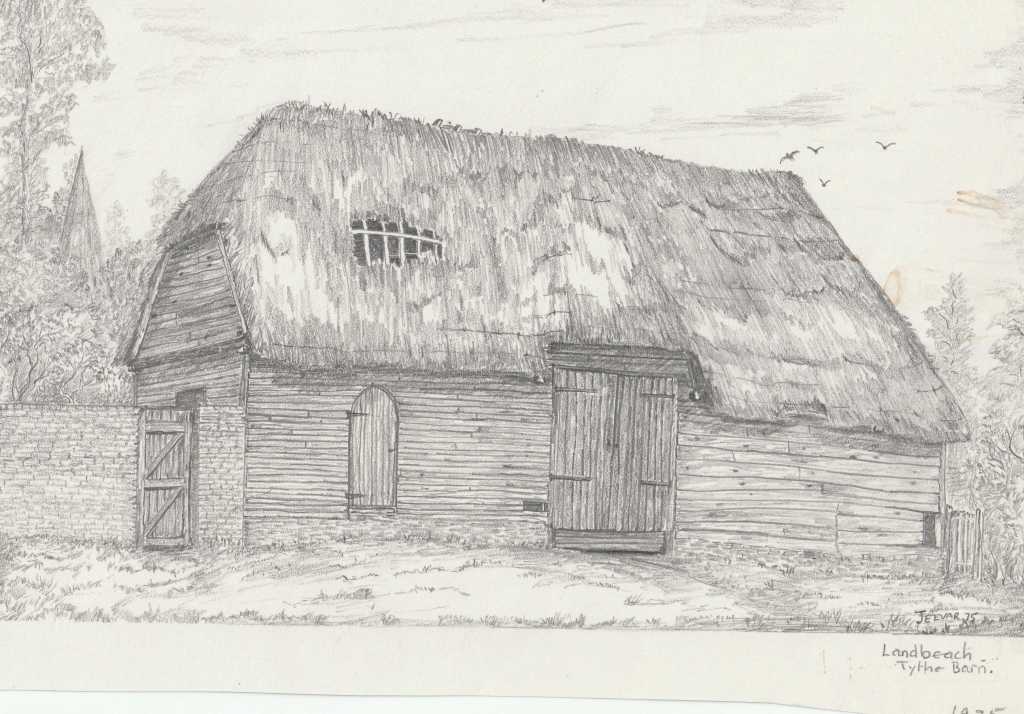 Landbeach tithe barn in 1975. Drawing by Peter Jeevers.